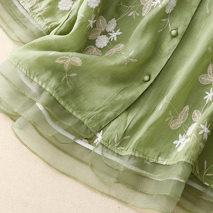 Buddha Stonesカジュアル刺繍の花びらスプライスオーガンザレディースクルーネックデザイン半袖コットンカーディガンシャツ - image 20