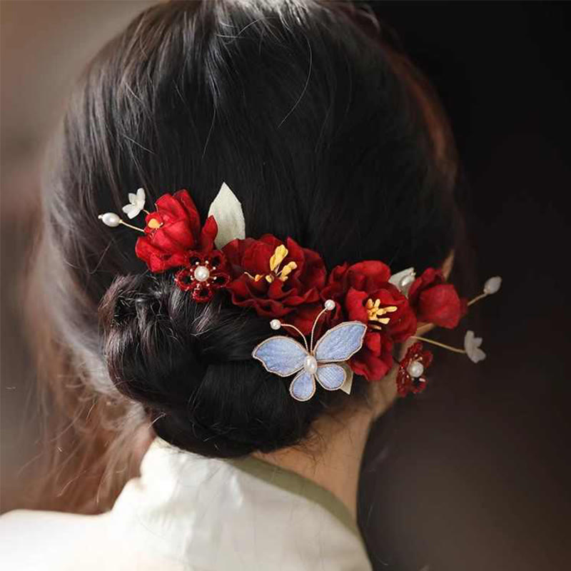 Buddha Stones中国風ウェディング 赤い花 蝶 ヘアクリップ