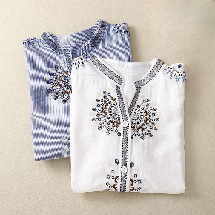 Buddha Stonesカジュアル レディース ボヘミア 刺繍 花 Vネックデザイン 半袖 コットンリネン シャツ - image 10