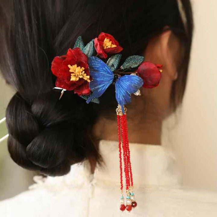 Buddha Stones古典中国風 赤い花 青い蝶のヘアピン