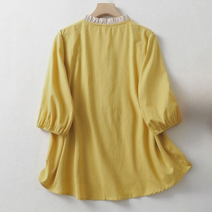 Buddha Stonesカジュアル 無地 フロッグボタン レディース フリルカラーデザイン 半袖 コットンリネンシャツ - image 1