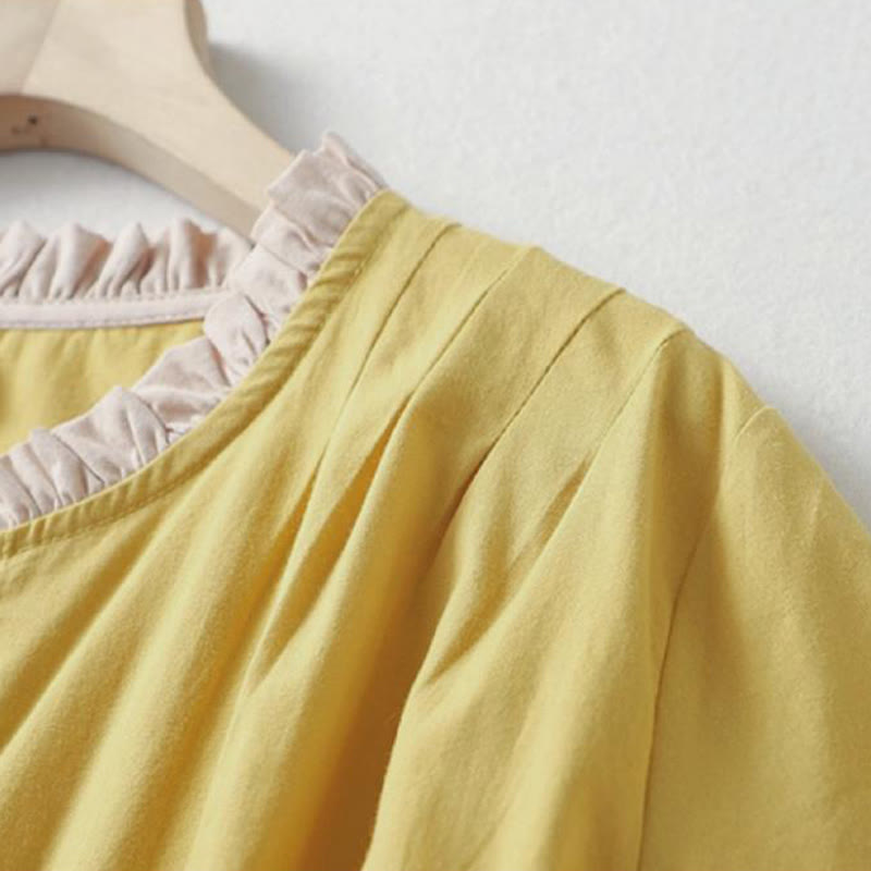 Buddha Stonesカジュアル 無地 フロッグボタン レディース フリルカラーデザイン 半袖 コットンリネンシャツ - image 4