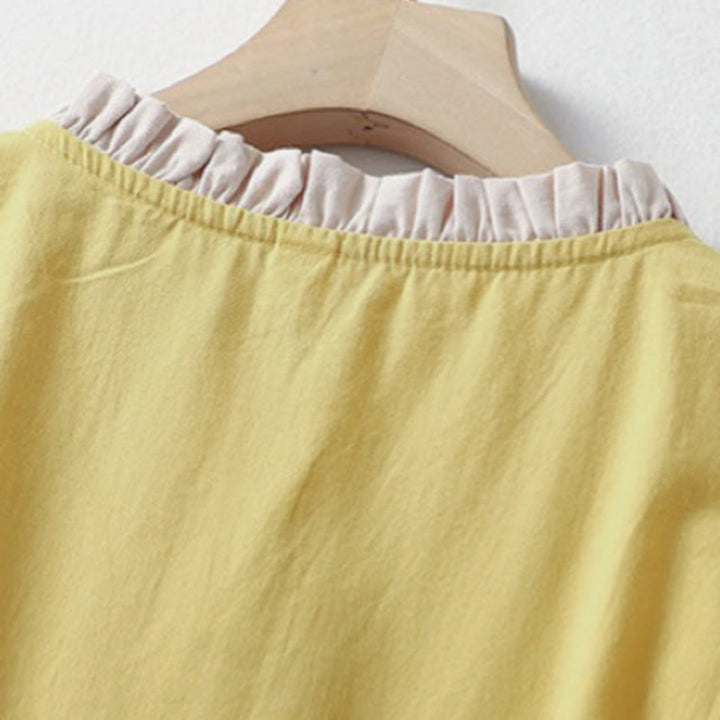 Buddha Stonesカジュアル 無地 フロッグボタン レディース フリルカラーデザイン 半袖 コットンリネンシャツ - image 3