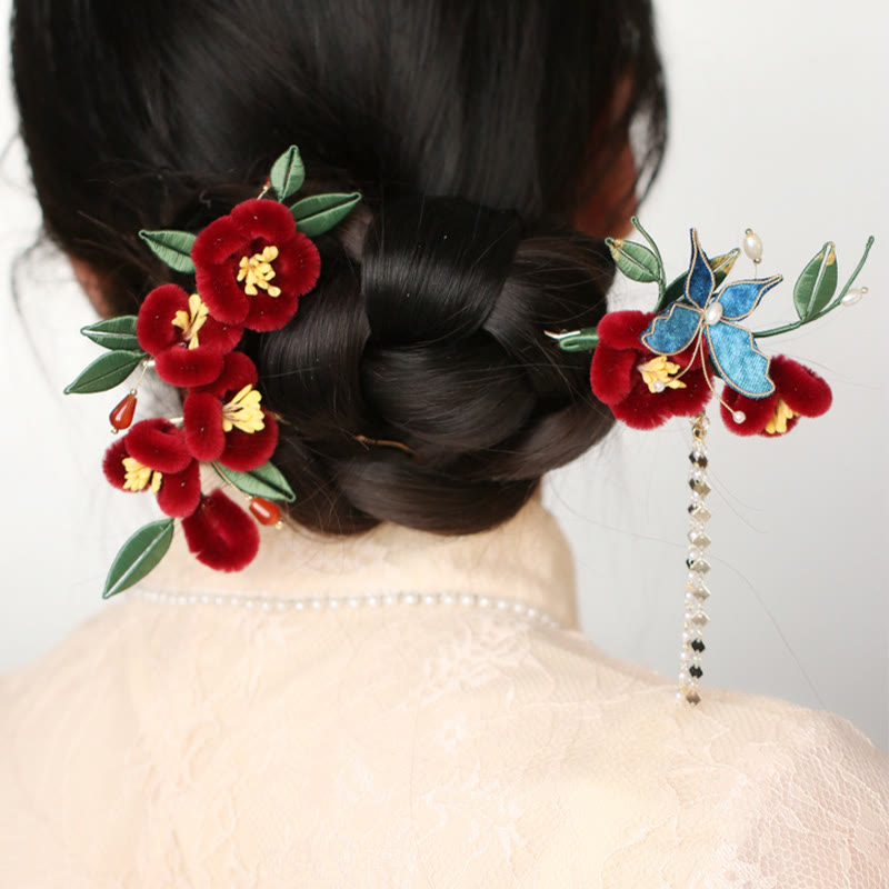 Buddha Stones、古典中国風、赤い花、青い蝶のヘアピン、ヘアコーム、バレッタ