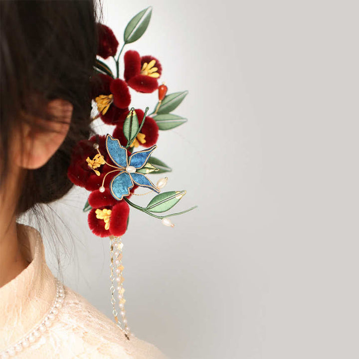 Buddha Stones、古典中国風、赤い花、青い蝶のヘアピン、ヘアコーム、バレッタ