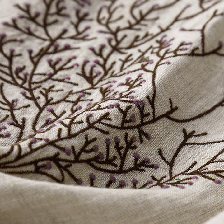 Buddha Stonesカジュアル 刺繍 ツリー ドローストリング レディース クルーネックデザイン ハーフスリーブ コットンリネンTシャツ