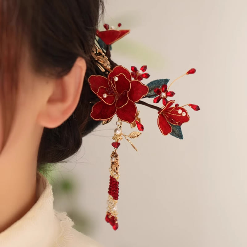 Buddha Stones古典中国風 赤い花 蝶 タッセル ヘアコーム ヘアピン