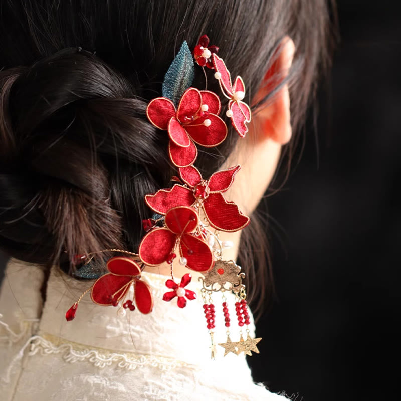 Buddha Stones古典中国風 赤い花 蝶 タッセル ヘアコーム ヘアピン