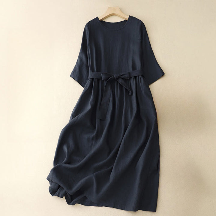 Buddha Stonesカジュアル 無地 クルーネック レースアップ 半袖 コットンリネン ミディドレス ポケット付き - image 1