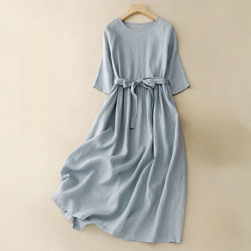 Buddha Stonesカジュアル 無地 クルーネック レースアップ 半袖 コットンリネン ミディドレス ポケット付き - スカイブルー - US8-10，UK/AU12-14，EU40-42 (2XL) - image 7