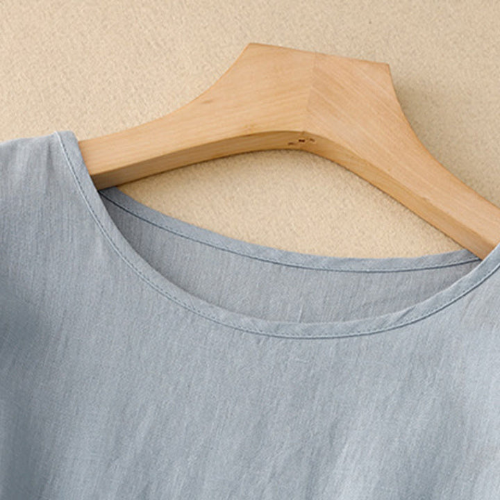 Buddha Stonesカジュアル 無地 クルーネック レースアップ 半袖 コットンリネン ミディドレス ポケット付き - image 9