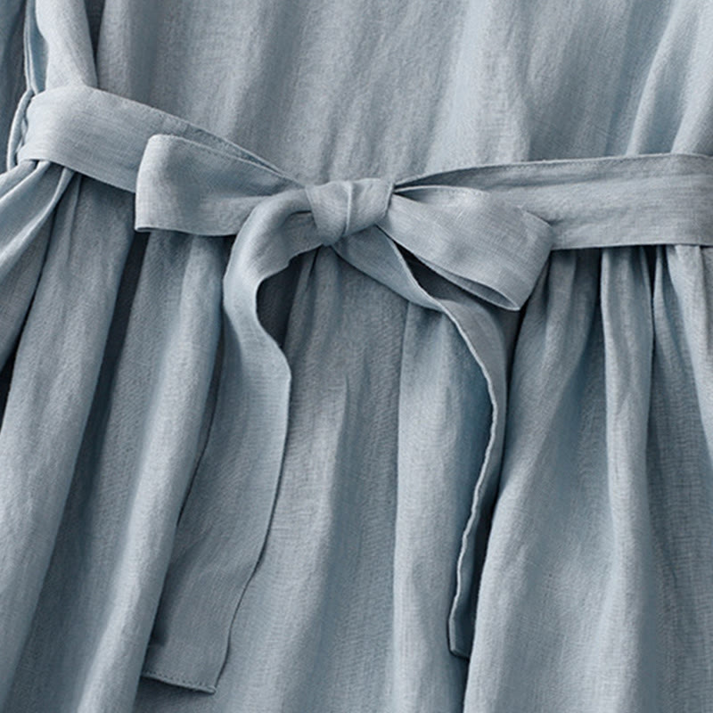 Buddha Stonesカジュアル 無地 クルーネック レースアップ 半袖 コットンリネン ミディドレス ポケット付き - image 10