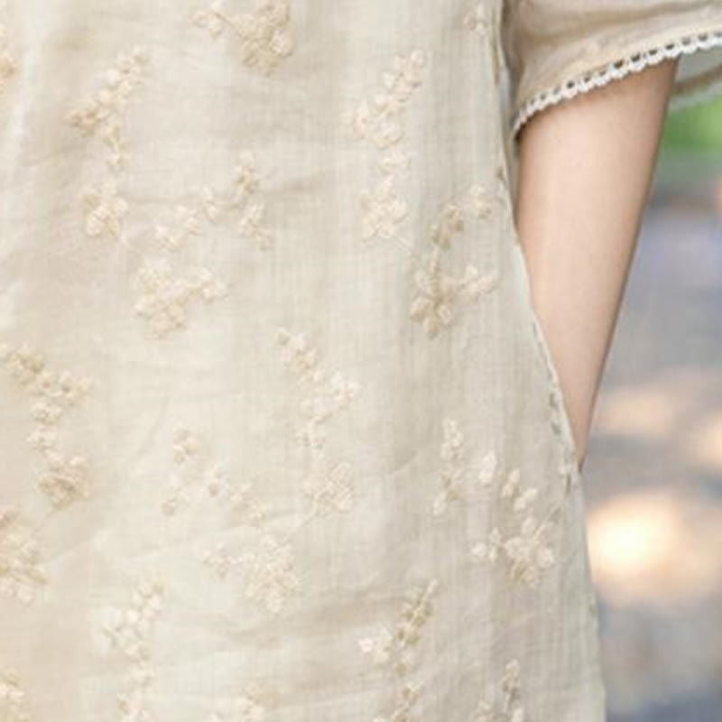 Buddha Stonesカジュアル刺繍入り斜め襟スタンドカラー半袖デザインラミーミディド​​レス（ポケット付き） - image 7