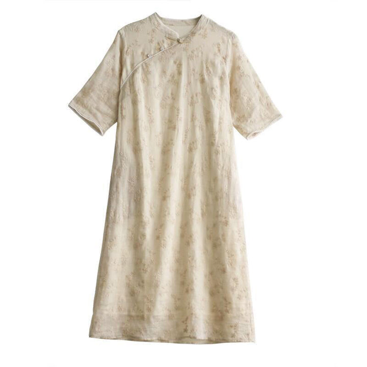 Buddha Stonesカジュアル刺繍入り斜め襟スタンドカラー半袖デザインラミーミディド​​レス（ポケット付き） - image 9