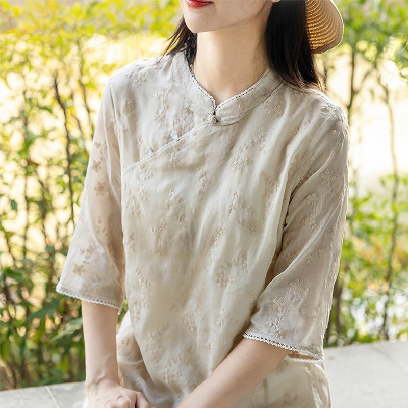 Buddha Stonesカジュアル刺繍入り斜め襟スタンドカラー半袖デザインラミーミディド​​レス（ポケット付き） - image 3