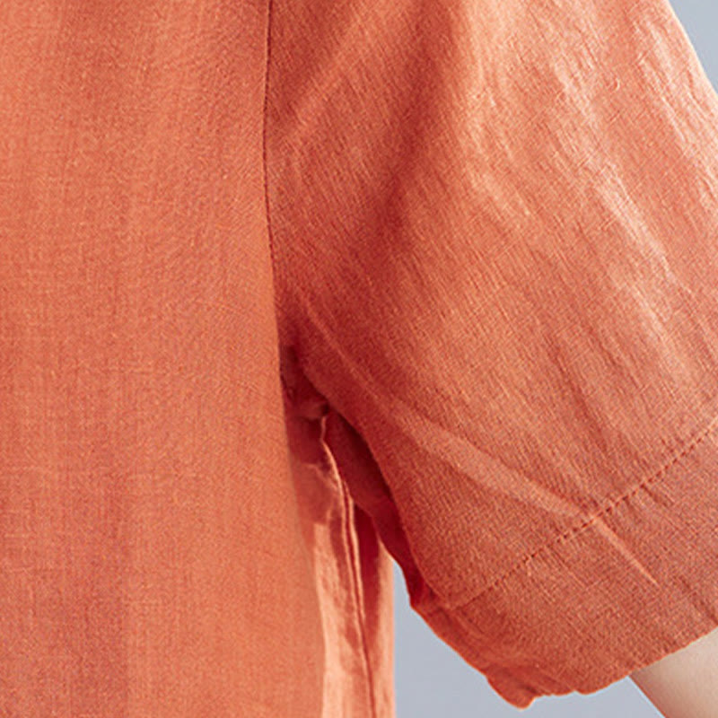 Buddha Stonesカジュアル ルーズ 無地 コットン リネン クルーネック ハーフスリーブ デザイン ミディドレス ポケット付き - image 18