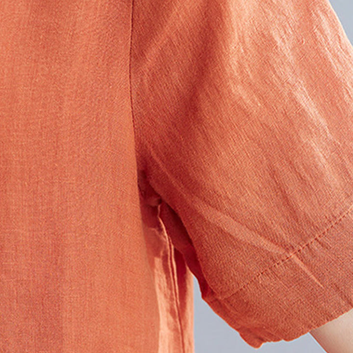 Buddha Stonesカジュアル ルーズ 無地 コットン リネン クルーネック ハーフスリーブ デザイン ミディドレス ポケット付き - image 18