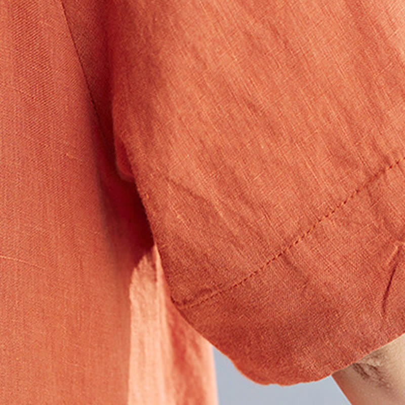 Buddha Stonesカジュアル ルーズ 無地 コットン リネン クルーネック ハーフスリーブ デザイン ミディドレス ポケット付き - image 21