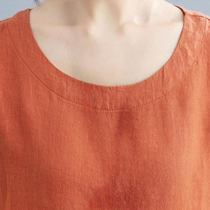 Buddha Stonesカジュアル ルーズ 無地 コットン リネン クルーネック ハーフスリーブ デザイン ミディドレス ポケット付き - image 20