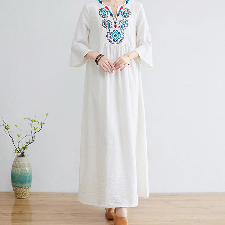 Buddha Stonesカジュアル刺繍フラワー柄 Vネック 七分袖デザイン コットンリネン ミディドレス - image 3