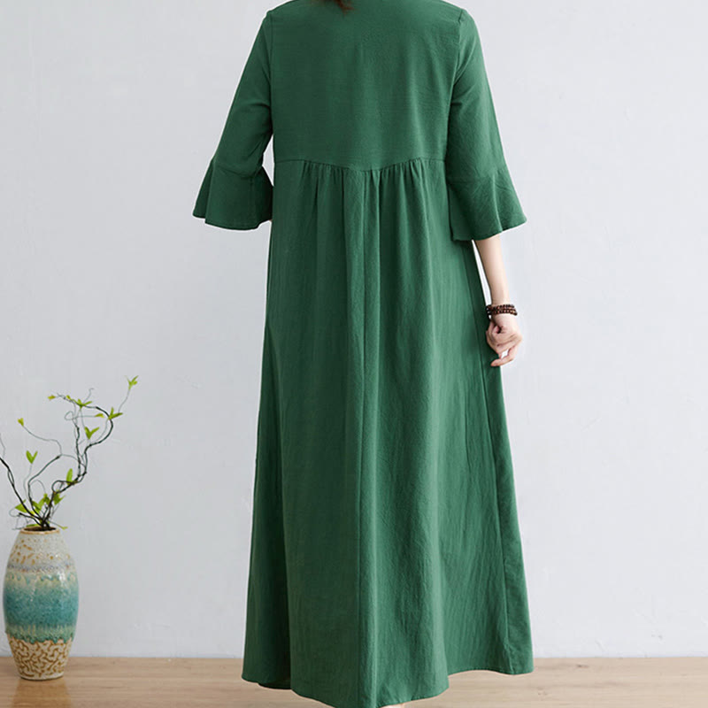 Buddha Stonesカジュアル刺繍フラワー柄 Vネック 七分袖デザイン コットンリネン ミディドレス - image 15