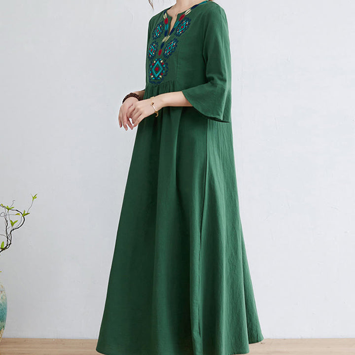 Buddha Stonesカジュアル刺繍フラワー柄 Vネック 七分袖デザイン コットンリネン ミディドレス - image 17