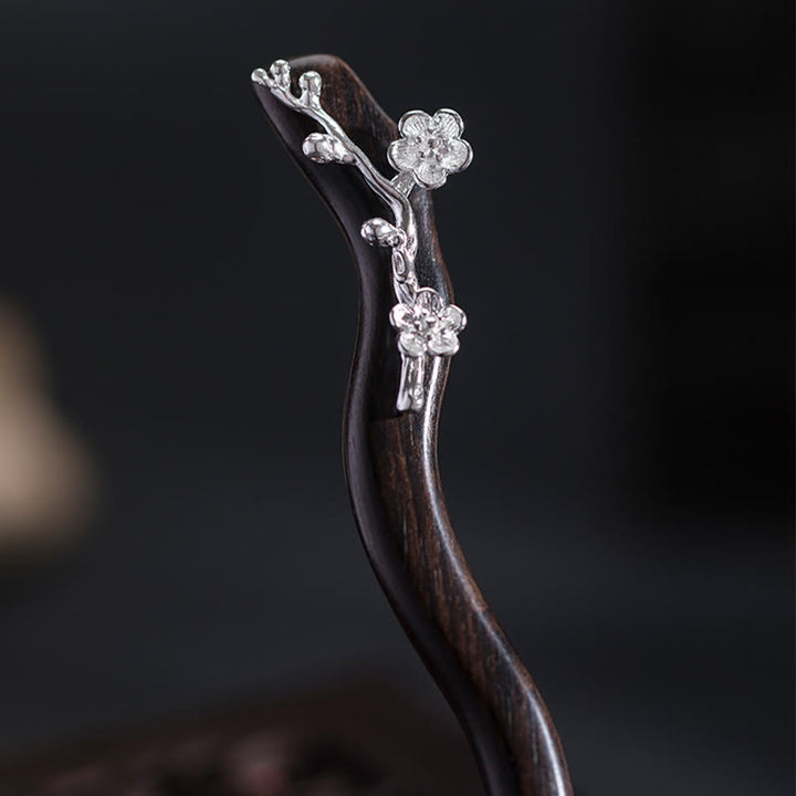 Buddha Stones925スターリングシルバー クラシック中国風黒檀梅花祝福ヘアピン - image 9