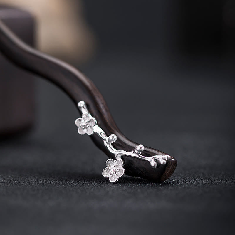 Buddha Stones925スターリングシルバー クラシック中国風黒檀梅花祝福ヘアピン - 梅の花の黒檀のかんざし - image 0