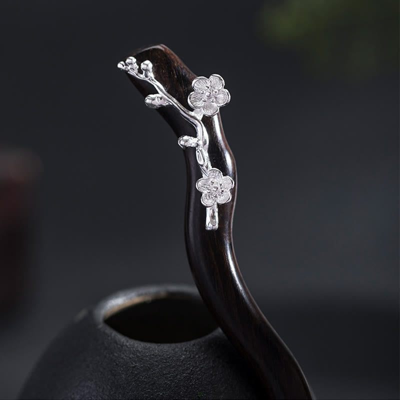 Buddha Stones925スターリングシルバー クラシック中国風黒檀梅花祝福ヘアピン - image 1