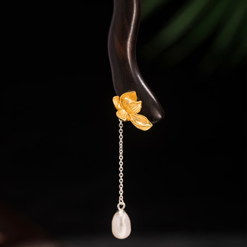 Buddha Stones925 スターリングシルバー クラシック中国風 黒檀 蓮の花 真珠 タッセル 祝福 ヘアピン