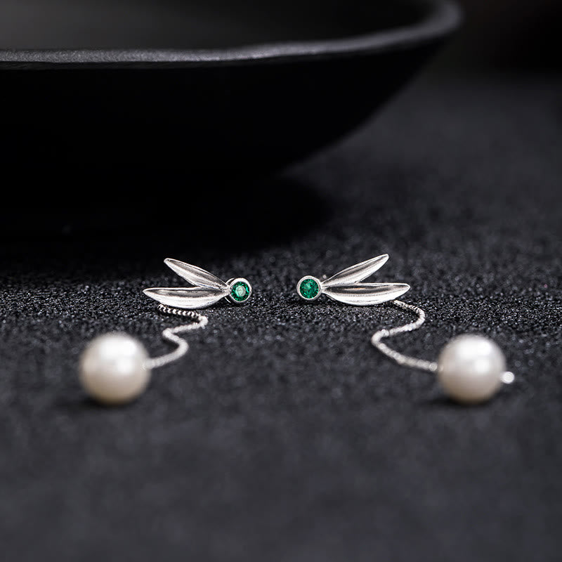 Buddha Stones925スターリングシルバー ジルコンパール 竹の葉の保護ドロップイヤリング - image 6