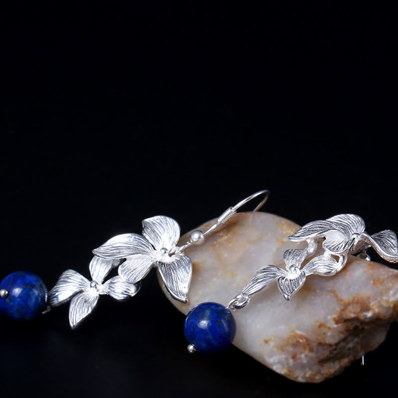 Buddha Stones 925スターリングシルバー ラズライト ラピスラズリ エスニックスタイル フラワー ポジティブドロップイヤリング - image 1