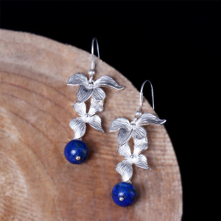 Buddha Stones 925スターリングシルバー ラズライト ラピスラズリ エスニックスタイル フラワー ポジティブドロップイヤリング - image 2