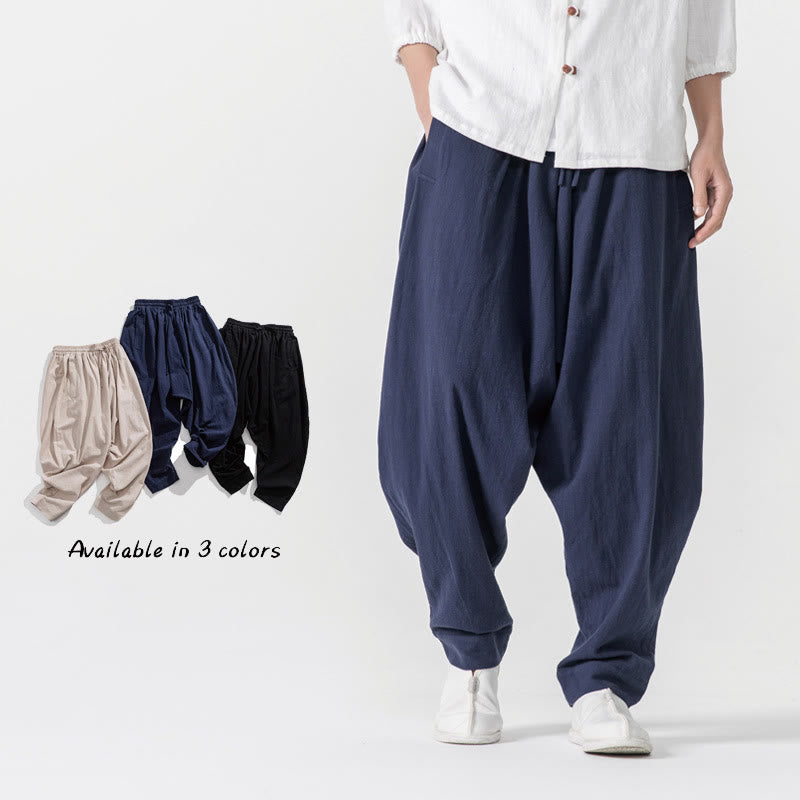 Buddha Stones春 無地 ドローストリング メンズ ハーレムパンツ ポケット付き - ネイビーブルー - US/UK/AU46、 EU56 (5XL) - image 0