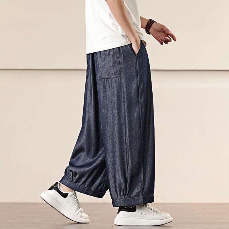 Buddha Stones春 ソリッドカラー ドローストリング メンズ ワイドレッグパンツ ポケット付き - image 38