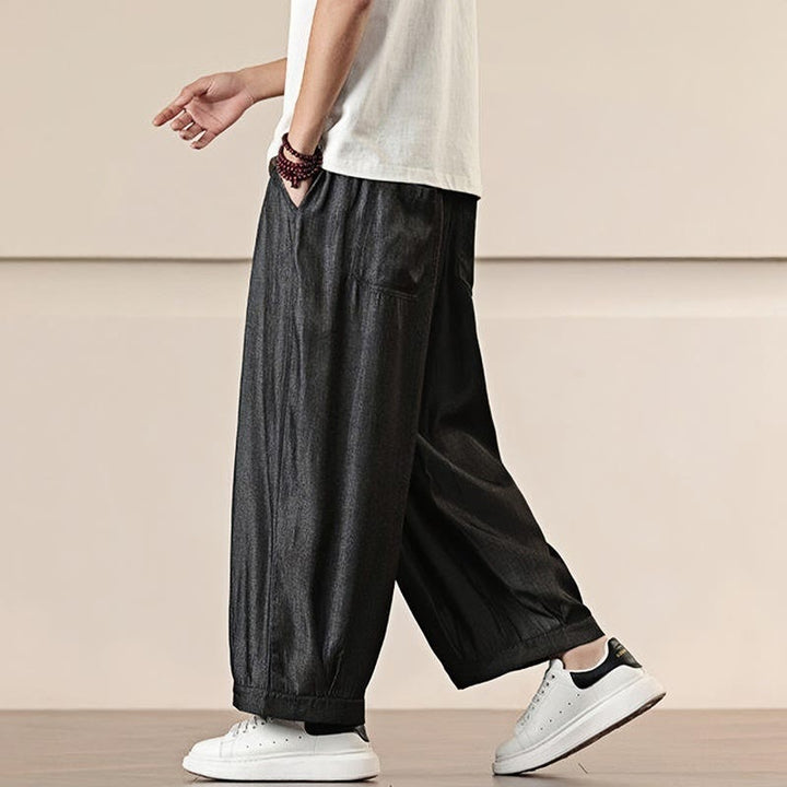Buddha Stones春 ソリッドカラー ドローストリング メンズ ワイドレッグパンツ ポケット付き - image 6