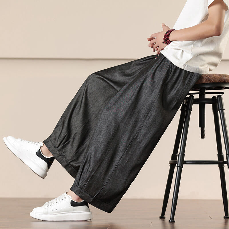 Buddha Stones春 ソリッドカラー ドローストリング メンズ ワイドレッグパンツ ポケット付き - image 1