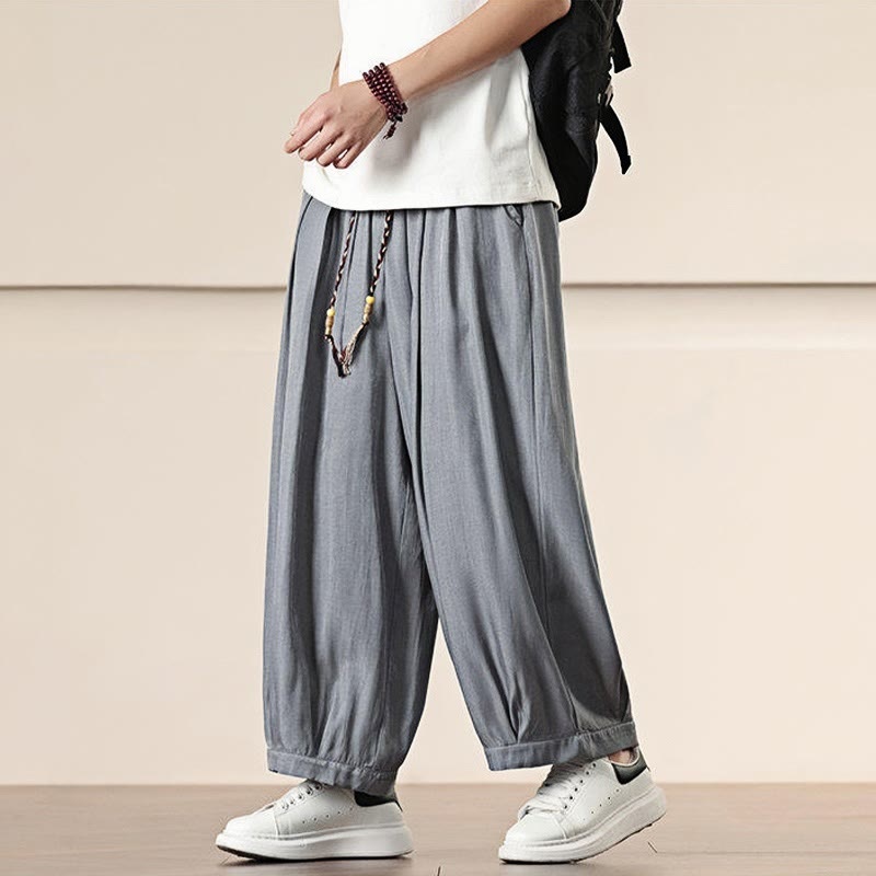 Buddha Stones春 ソリッドカラー ドローストリング メンズ ワイドレッグパンツ ポケット付き - image 9