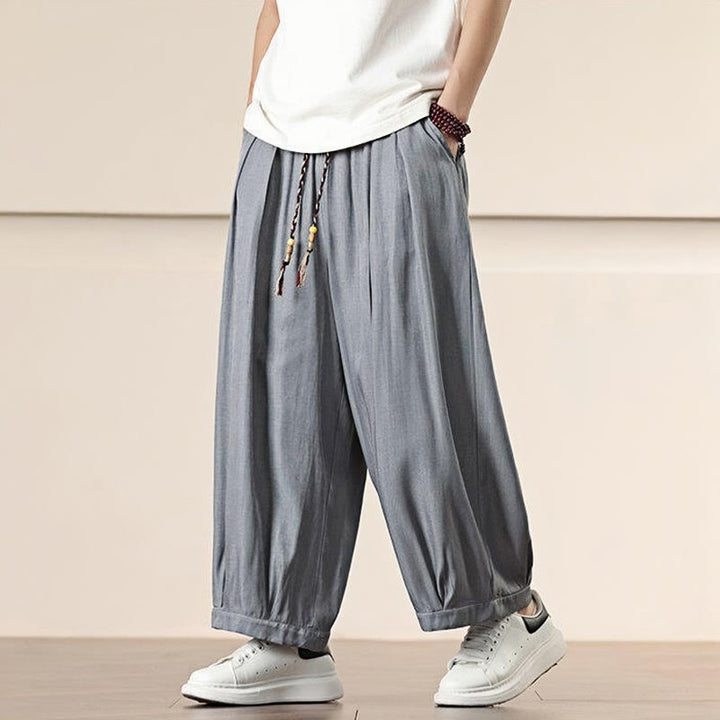 Buddha Stones春 ソリッドカラー ドローストリング メンズ ワイドレッグパンツ ポケット付き - image 13