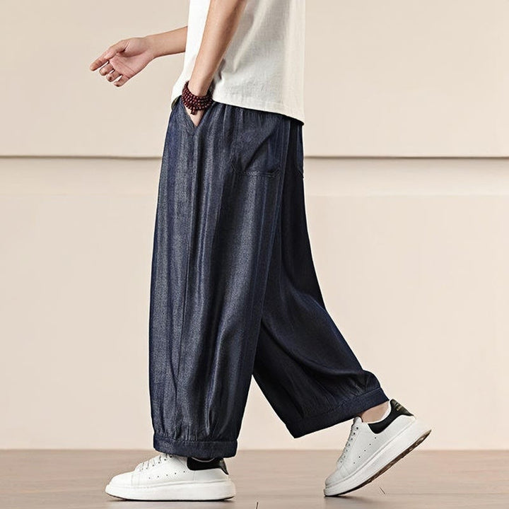 Buddha Stones春 ソリッドカラー ドローストリング メンズ ワイドレッグパンツ ポケット付き - image 37