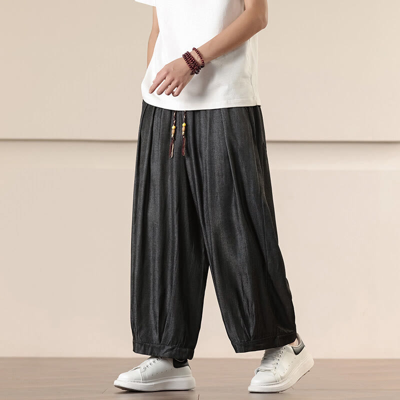 Buddha Stones春 ソリッドカラー ドローストリング メンズ ワイドレッグパンツ ポケット付き - 黒 - US/UK/AU46、 EU56 (5XL) - image 0