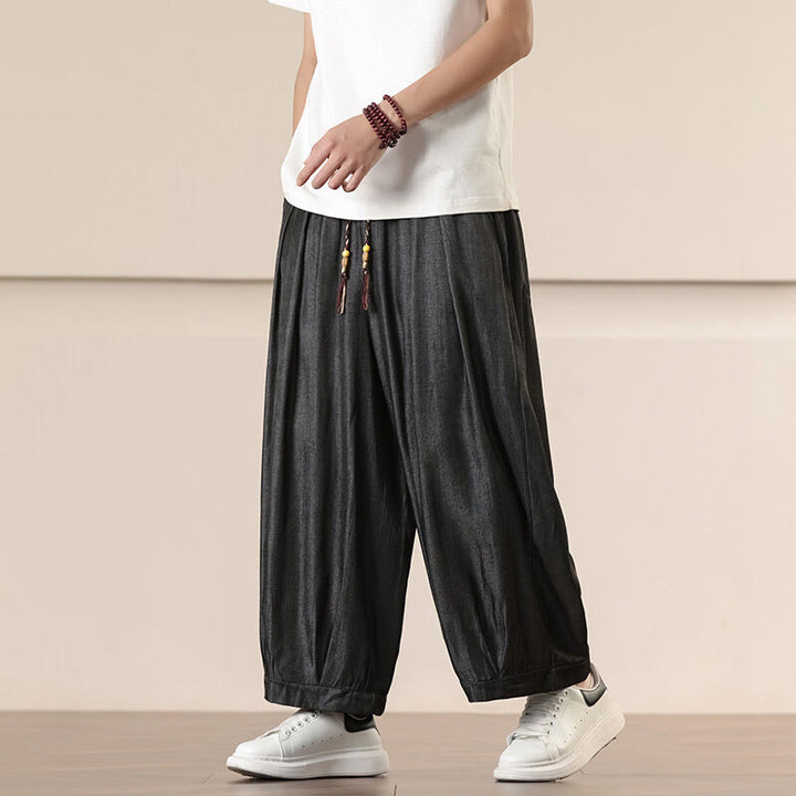 Buddha Stones春 ソリッドカラー ドローストリング メンズ ワイドレッグパンツ ポケット付き - 黒 - US/UK/AU46、 EU56 (5XL) - image 0