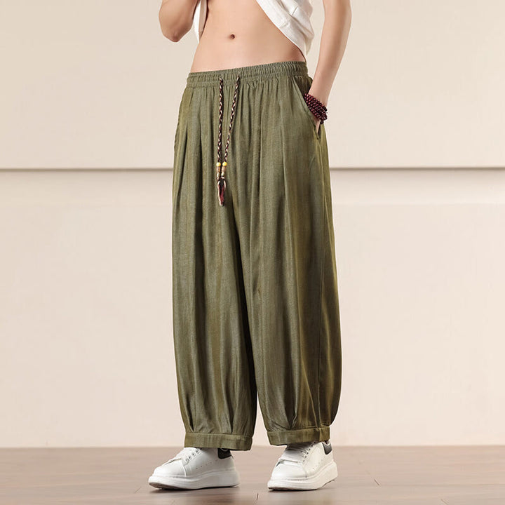 Buddha Stones春 ソリッドカラー ドローストリング メンズ ワイドレッグパンツ ポケット付き - image 29