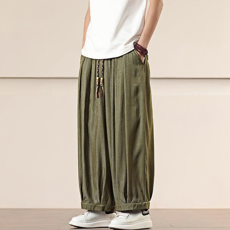 Buddha Stones春 ソリッドカラー ドローストリング メンズ ワイドレッグパンツ ポケット付き - image 24