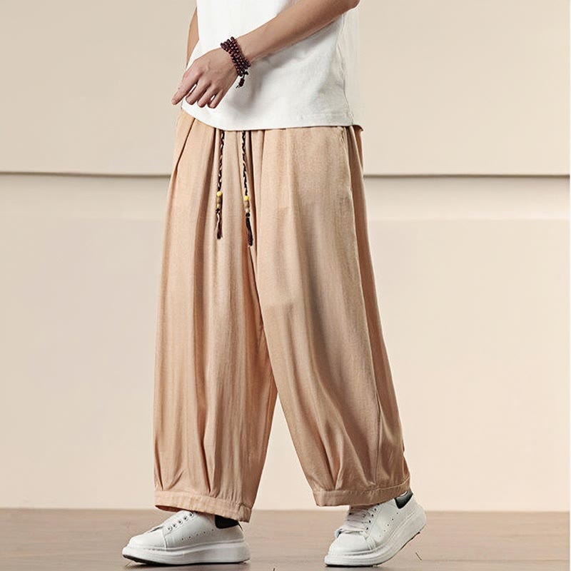 Buddha Stones春 ソリッドカラー ドローストリング メンズ ワイドレッグパンツ ポケット付き - image 20
