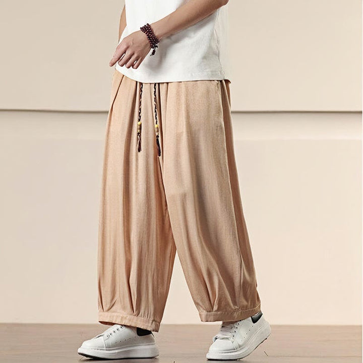 Buddha Stones春 ソリッドカラー ドローストリング メンズ ワイドレッグパンツ ポケット付き - image 20