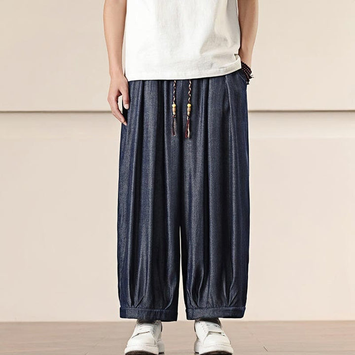 Buddha Stones春 ソリッドカラー ドローストリング メンズ ワイドレッグパンツ ポケット付き - image 34