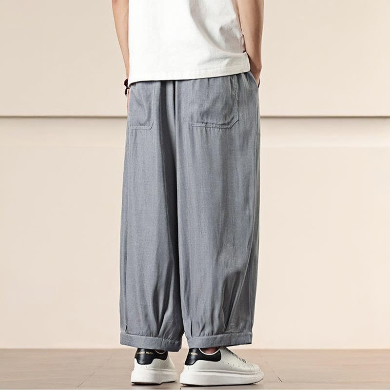 Buddha Stones春 ソリッドカラー ドローストリング メンズ ワイドレッグパンツ ポケット付き - image 14