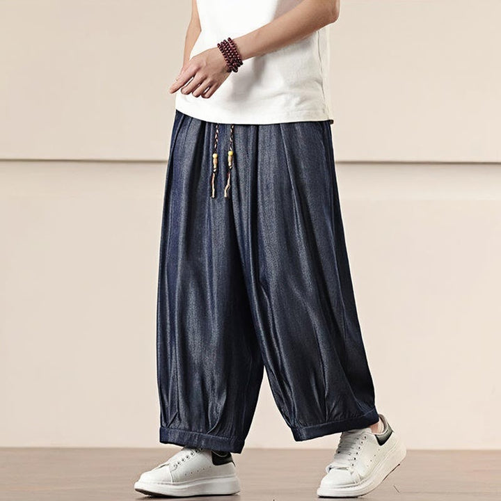 Buddha Stones春 ソリッドカラー ドローストリング メンズ ワイドレッグパンツ ポケット付き - image 35