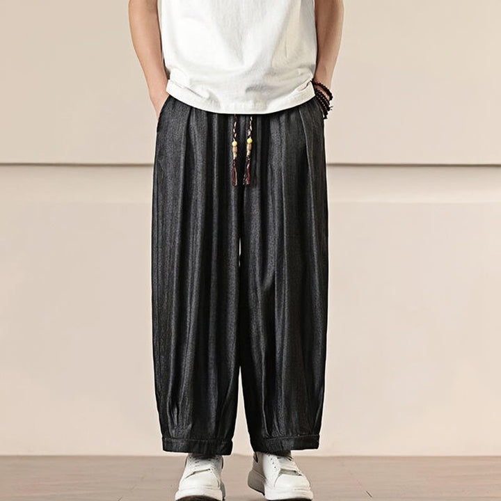 Buddha Stones春 ソリッドカラー ドローストリング メンズ ワイドレッグパンツ ポケット付き - image 3